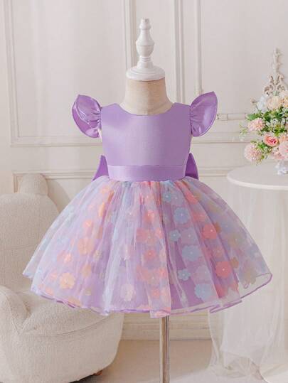 SHEIN Glamorique Kids Baby Girls' Halloween Party Dress, Purple Satin Cap Sleeve Princess Dress With Colorful Embroidered Tulle Skirt, Detachable Satin Bow, Suitable For Birthday, Wedding, Stage Performance, Party And Other Formal Occasions