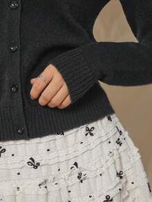WESTFADE Summer Crewneck Button Front Long Sleeve Cardigan Sweater - Black - View 6
