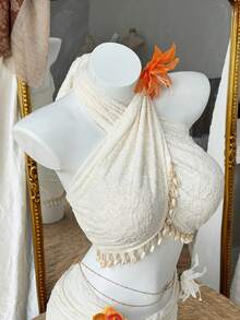 Rustia Ensemble de maillot de bain élégant et minimaliste de style français, Top de plage + jupe avec décoration de coquillage en jacquard et faux dentelle, ensemble 2 pièces pour femmes grande taille pour l'été - Nude - Voir 6