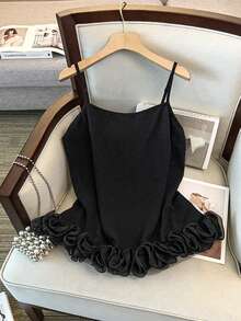 GlowEve CURVE Canotta da donna elegante e tagliata in vita, con orlo in tessuto, patchwork, volant e decorazioni floreali, adatta per lauree, vacanze, San Valentino, festival musicali, festa della mamma, Ognissanti, Ringraziamento, Pasqua, feste nazionali, gala, appuntamenti, feste, matrimoni, attività all'aperto - nero - Visualizzare 2