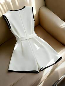 Franclia Bộ jumpsuit không tay cổ vuông thanh lịch có thắt lưng dành cho nữ, thích hợp đi làm. - trắng - Xem 2
