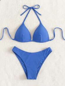 Oceva Set Pakaian Renang Bikini Seksi Wanita Musim Panas Warna Polos Model Halter dengan Cup Keras - Baby Blue - View 4