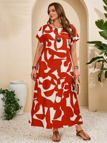 EMERY ROSE Đầm maxi nữ màu xanh dương in hoa, cổ tròn, tay ngắn, thích hợp mặc thường ngày hoặc đi nghỉ mát. - Đỏ - Xem 4