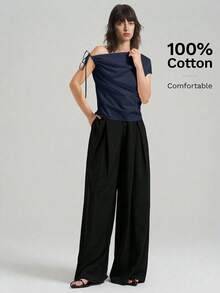 Ontre 女士纯色不对称肩部系带衬衫，适合都市通勤、商务休闲、优雅度假、派对和婚礼宾客等场合，夏季上衣 - 藏蓝色 - 查看 5