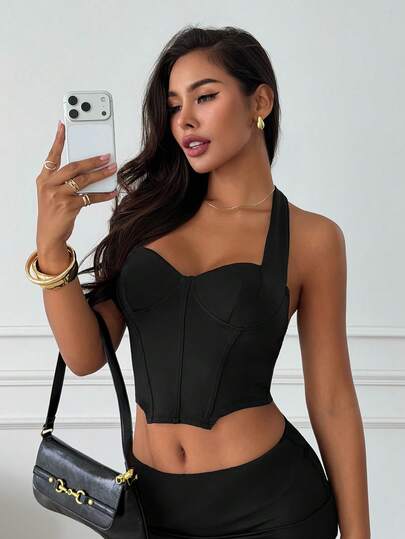 Slaydiva 新款春夏音乐节情人节复活节婚礼夏季海滩度假休闲优雅通勤日常穿搭工作装度假派对邮轮派对基础款流行款日常约会Y2K性感心形领无肩带露胸V领露背鱼骨刺绣装饰黑色吊带背心内衣女式背心 - Z