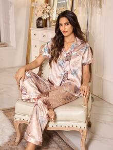 LuxeNights Botanical Print Faux Silk Lapel Collar Short Sleeve Pajama Set For Women - Multicolor - View 3