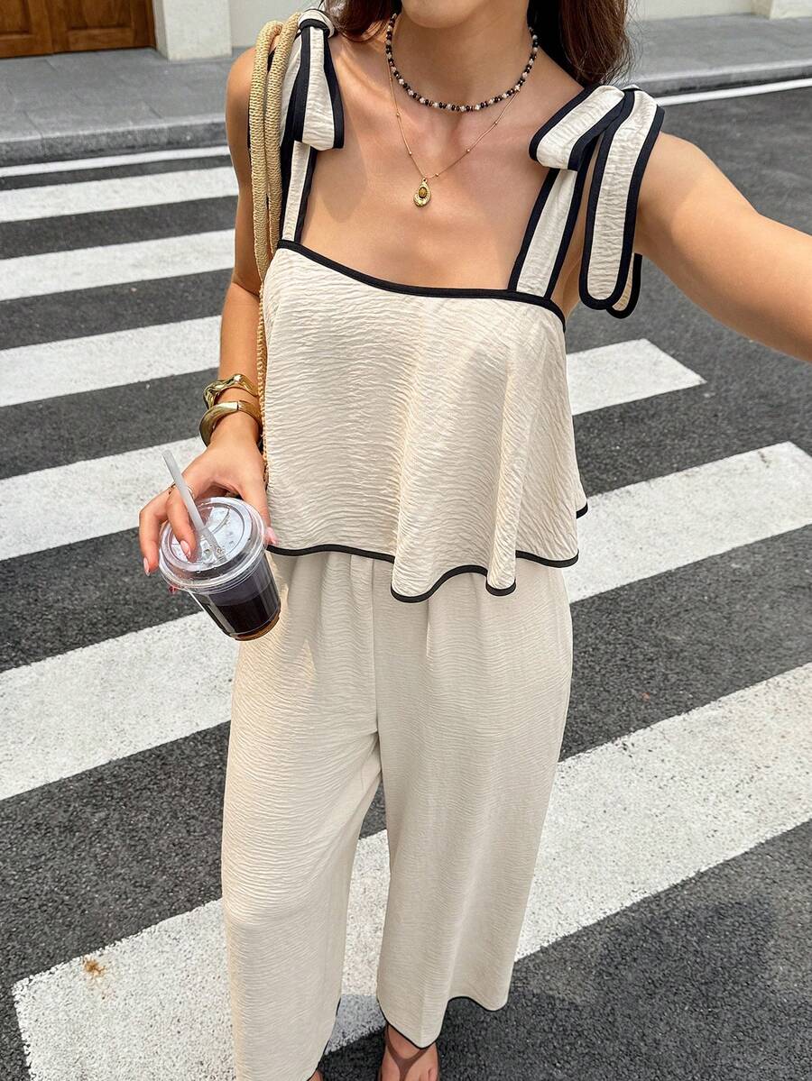 Serisse 女士度假系带露肩阔腿连体裤 - 杏色 - 查看 1