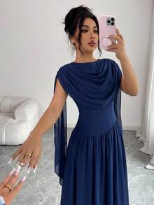 Modelyn Petite Women's Solid Color Plunging Neckline Flowy Dress,Summer Dresses For Women - Blue - View 6