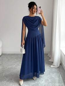 Modelyn Petite Women's Solid Color Plunging Neckline Flowy Dress,Summer Dresses For Women - Blue - View 8