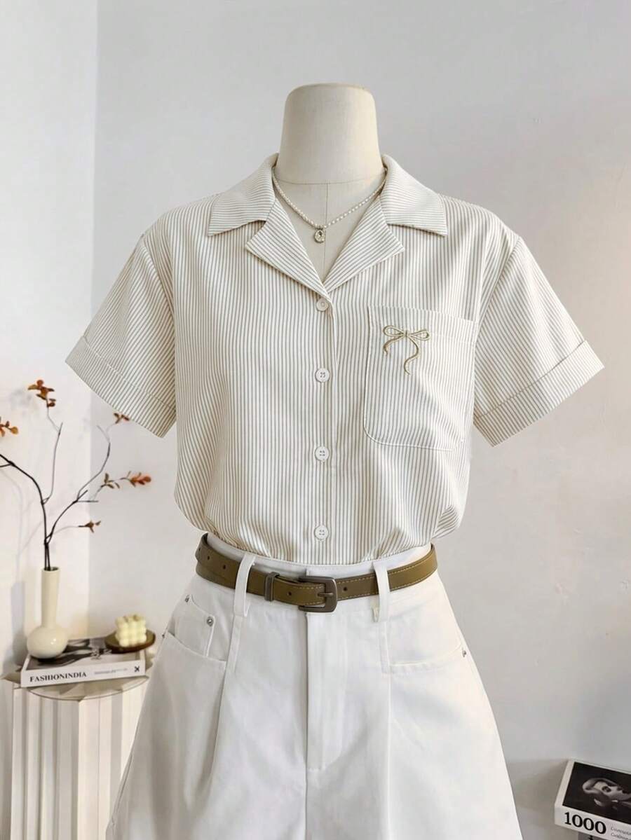 Solavon Blusa de mujer de manga corta con bolsillo, lazo y diseño a rayas de moda