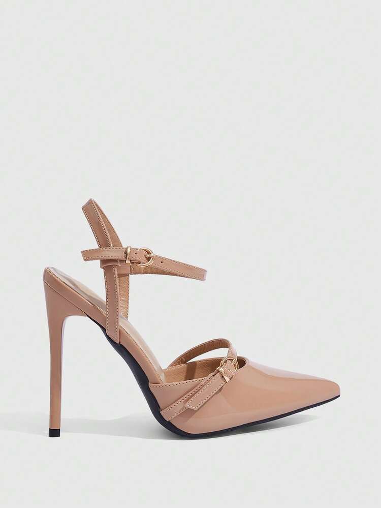 CUCCOO SZL Women Shoes Women's Pointed Stiletto Apricot Glossy Ankle Strap Buckle Temperament Elegant Fashion Sexy Women's High-Heeled Shoes Slingback Shoes Suitable For Parties, Parties, Banquets And Other Occasions Women's Shoes