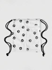 ROMWE Anime Mochila con cordón blanca de gran capacidad y multifuncional, con bolsillo con cremallera transparente, adorno de encaje de color contrastante y estampado simple de estilo kawaii y animado, adecuada para la escuela, el transporte y el ocio diario, muy linda - Pata de perro negra - Ver 2