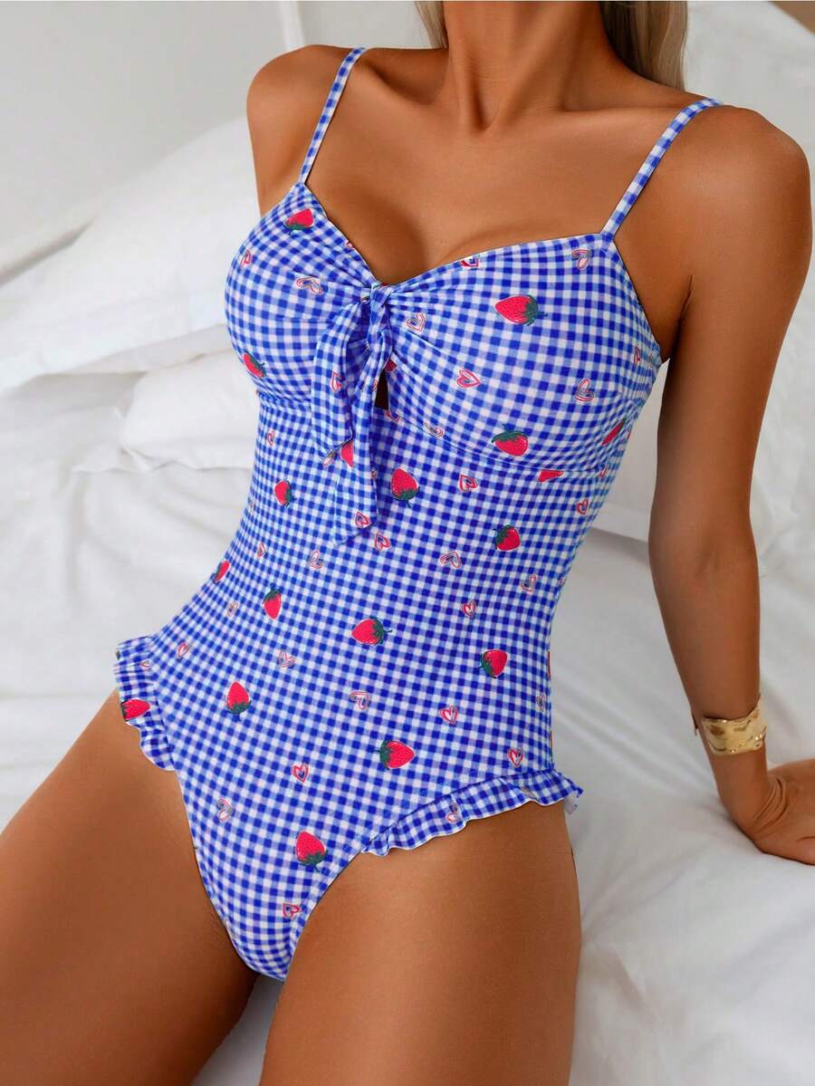 SHEIN Swim 女士连体可爱草莓爱心印花蝴蝶结前摆荷叶边休闲度假连体泳衣,夏季 - 藍色 - 查看 1