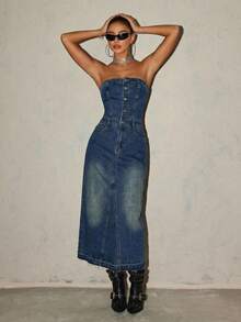 Women's Casual Washed Denim Jumpsuit Dress With Pockets, Summer - Medium Wash - View 9