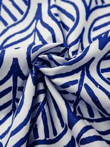 Linhara Plus Size Women Printed Notched Neck Short Sleeve Loose Blouse - Blue - View 3