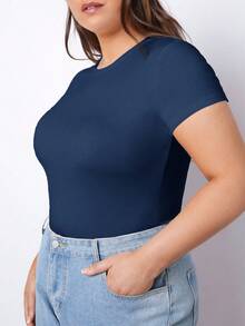 SHEIN BASICS 大码女式休闲纯色圆领短袖T恤 - 藏蓝色 - 查看 6