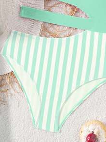 SHEIN Traje de baño de una pieza con parches a rayas para niña preadolescente, adecuado para vacaciones en la playa, fiestas en la piscina y fiestas en la playa - verde menta - Ver 5