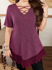 Lacomfia Women's V-Neck Short Sleeve Fitted Asymmetrical Hem Lace Patchwork Versatile Elegant Plus Size T-Shirt - Burgundy - View 4
