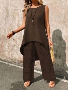 EMERY ROSE 两件套度假休闲纯色无袖上衣和阔腿裤套装 - 咖啡棕 - 查看 3