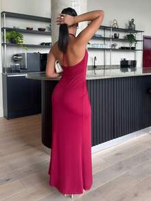 leahseptember Vestido Sólido Tricotado Sem Costas para Mulheres - Vinho - Visão 2