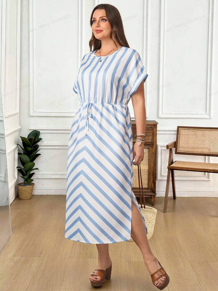 Plus Size Casual Striped Side Slit Dress Women's Summer Dresses Striped Midi Dress Striped Casual Dress Midi Length Dress Women Casual Dresses Summer Outfits For Women Beach Outfit For Women Casual Vacation Outfits Women Country Concert Outfit Peplum