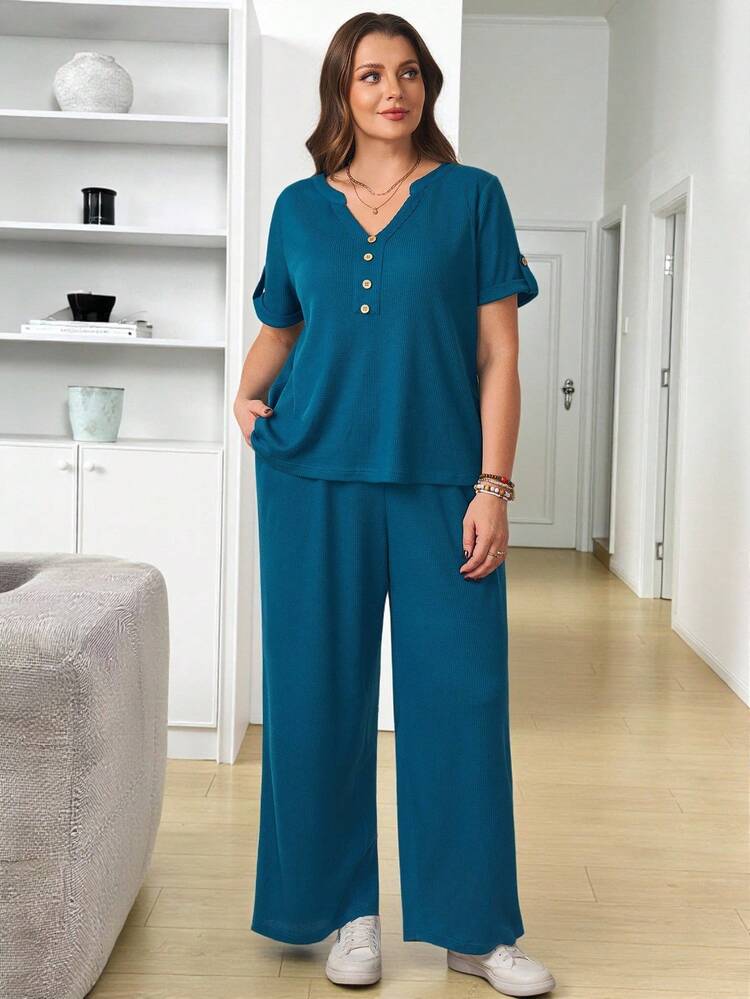 Plus Size Vacation Casual Solid Color Notched Neck Shirt And Pants 2 Pieces Set Women Vacation Outfit Sets Blouse And Pants Set For Women Women 2 Piece Outfit Casual Summer Outfits For Women  Beach Outfit For Women  Casual  Vacation Outfits Women Country Concert Outfit Peplum