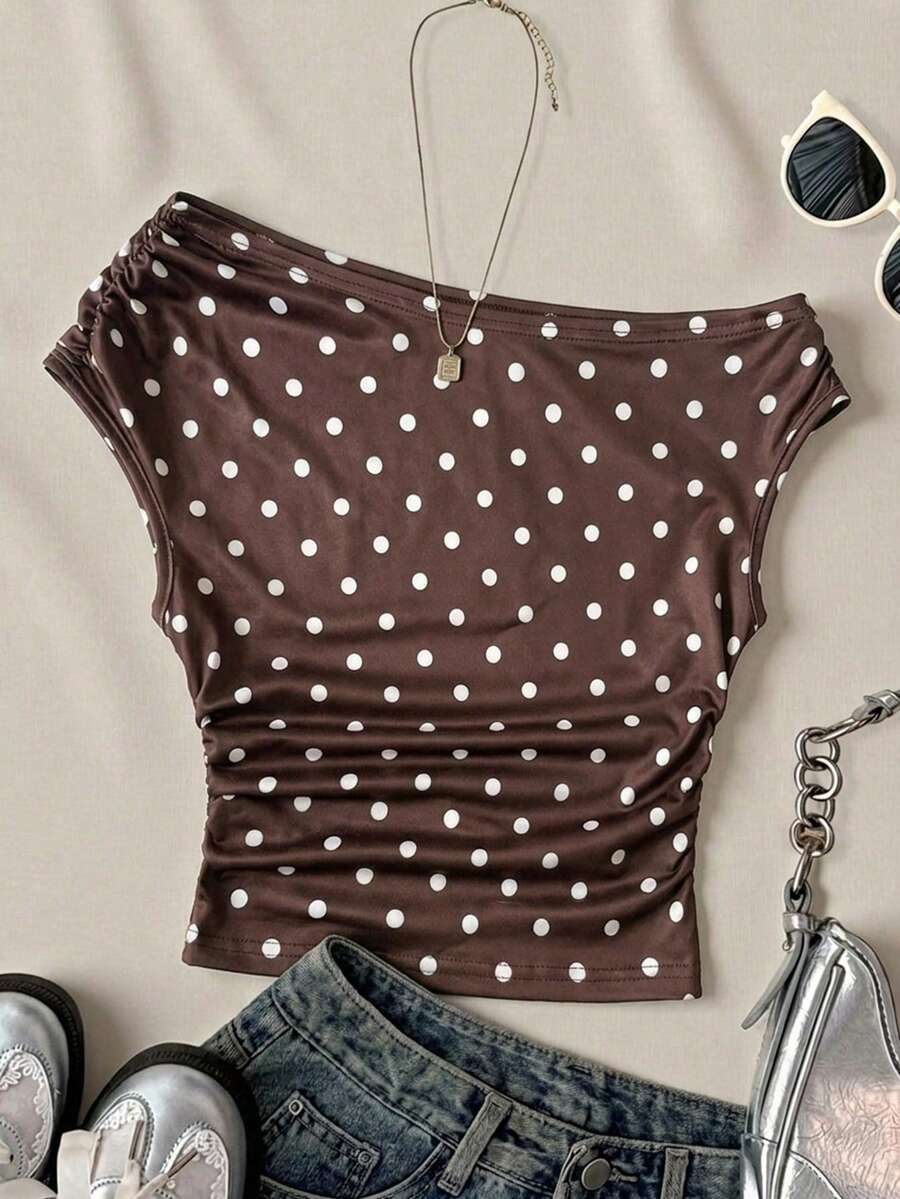 Áo croptop dệt kim màu trắng dành cho nữ tuổi teen, kiểu dáng tối giản, họa tiết chấm bi, dáng bất đối xứng, xếp ly, thích hợp cho mùa xuân/hè, phong cách thường ngày, cá tính. - màu nâu - Xem 1