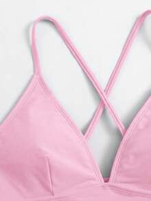 Swim Basics Top de bikini de unicolor con tirantes finos de moda - Rosa Pálido - Ver 5