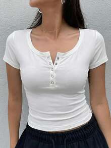 Dazy Star Camiseta de manga corta de unicolor casual, versátil para el verano - Blanco - Ver 2