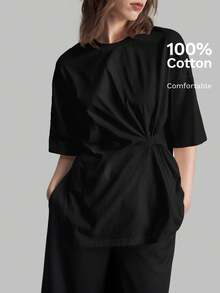 Ontre 2026春夏新款女士黑色纯色休闲修身T恤，宽松版型，适合商务、休闲、海滩、生日派对、教师制服、返校、办公穿着 - 黑色 - 查看 1