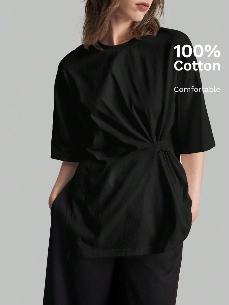 Ontre 2026春夏新款女士黑色纯色休闲修身T恤，宽松版型，适合商务、休闲、海滩、生日派对、教师制服、返校、办公穿着 - 黑色 - 查看 1