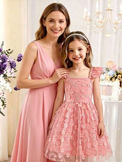 SHEIN Glamorique Kids Young Girl Flower Bridesmaid Dress, Wedding, Flower Girl,3D Rose,Suitable For Formal Occasions, Stage, Piano Performance,Spring,Summer,Prom Dresses