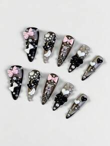 ROMWE Anime 10 miếng dán móng tay hình trái tim, ngôi sao, nơ, cánh dễ thương phong cách Y2K kèm băng dính. - màu đen - Xem 3