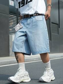 Manfinity EMRG Quần short denim nam màu xanh dương thêu họa tiết, phong cách đường phố thường ngày. - Rửa nhẹ - Xem 6