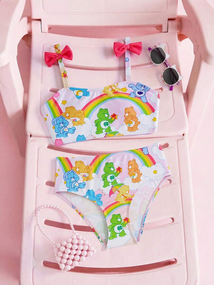 SHEIN X Care Bears Tween Girls' Cute Cartoon Bear & Rainbow Print Contrast Color Bow Decor Tankini Bikini Set Set, Summer - Pink - View 1
