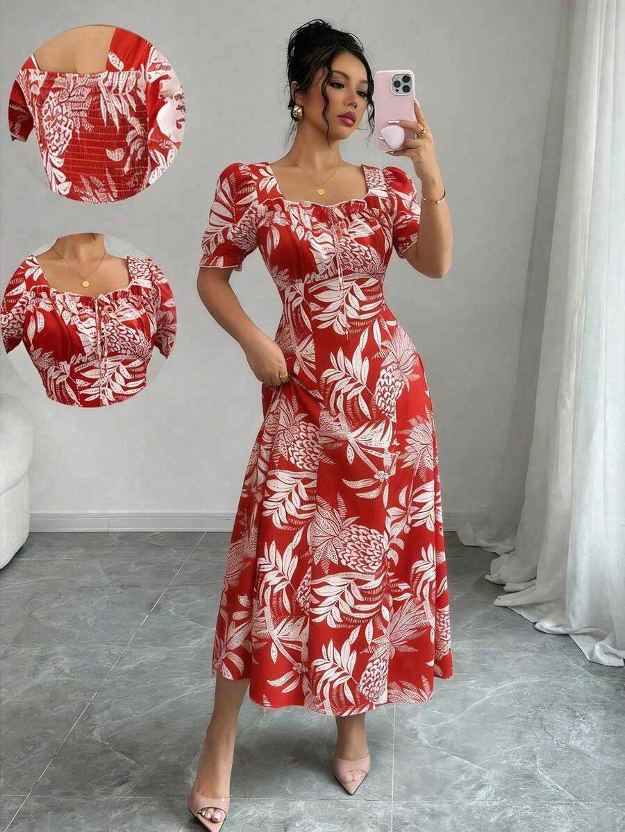 Rafferiza 女士优雅印花方领连衣裙,荷叶边饰边,荷叶袖,适合春、夏、秋季穿着的短款连衣裙 - 彩色 - 查看 1