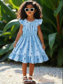 SHEIN Elladie kids 女童优雅条纹蝴蝶结印花圆领喇叭袖露背蝴蝶结装饰腰部荷叶边下摆休闲时尚连衣裙，适合度假旅行，夏季穿着 - 藍色 - 查看 8