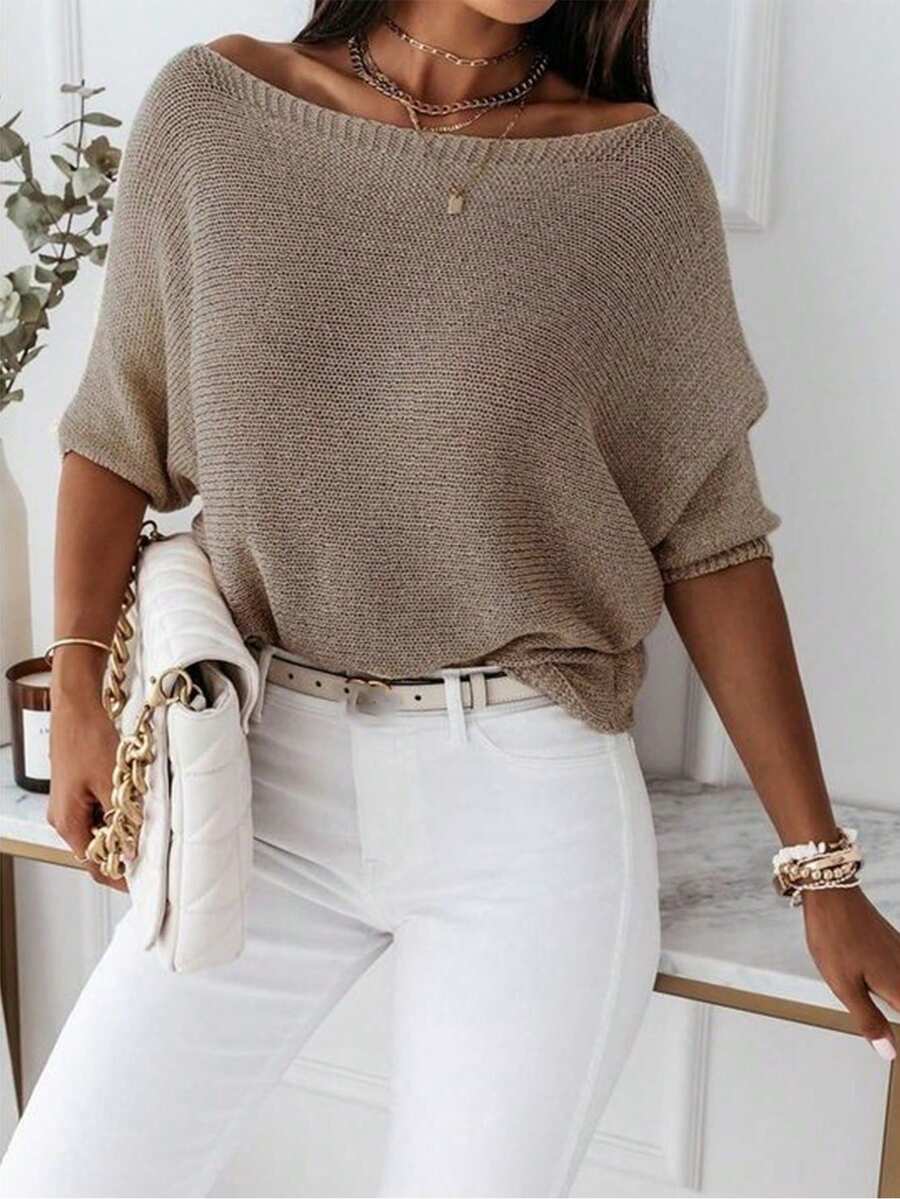 Pariaura Áo kiểu thanh lịch, màu trơn, cổ tròn, tay lửng, thích hợp đi làm. - Lạc đà - Xem 1
