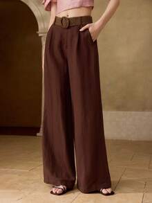 PREMIUM WOMEN'S HIGH WAIST WIDE LEG LINEN PANTS, SPRING/SUMMER - Brown - View 5