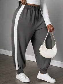 SHEIN PETITE CURVE Quần thể thao ống rộng phối màu tương phản, thích hợp cho lễ tốt nghiệp, trang phục đi học, lễ tốt nghiệp, trang phục giáo viên dành cho nữ, trang phục trở lại trường học. - Xám - Xem 6