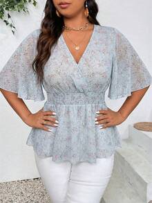 SHEIN Plus Size Women's Holiday Floral Print V-Neck Ruffle Sleeve Elegant Blouse Peplum Top - Mauve Purple - View 2