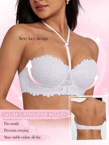 1pc Women's White Underwire Lace Halter Front Closure Padded Bra - White - View 6
