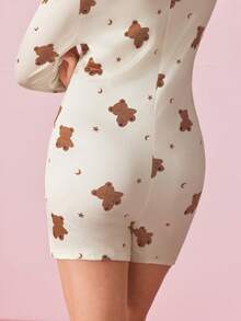 Bonmuse Women's Slim Fit Bear, Stars, And Moon Print Romper, Cozy And Elegant Details, Fall & Winter - Apricot - View 9