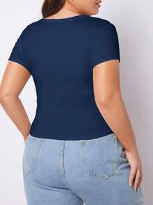 SHEIN BASICS 大码女式休闲纯色圆领短袖T恤 - 藏蓝色 - 查看 3