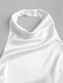 Sweetra Blusa de unicolor con cuello halter, versátil para uso diario - Blanco - Ver 6