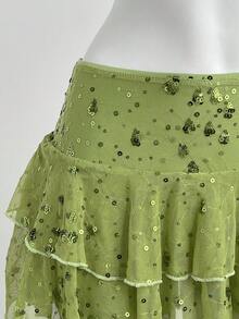 Sweetra Romantic French Style Low Waist Layered Beaded Fabric Fashionable Pants Design Slim Fit Fresh Green Skirt For Women, Summer - Green - View 3