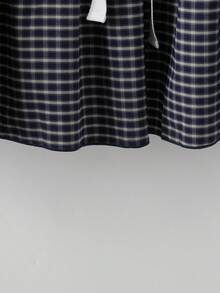 Sweetra 蝴蝶结、度假、夏季女装套装、秋季日系甜美可爱格子衬衫搭配弹力腰直筒裤两件套、学院风清爽显瘦短款格子泡泡袖衬衫、新款夏季圆领蝴蝶结宽松泡泡袖衬衫 - 藏蓝色 - 查看 6