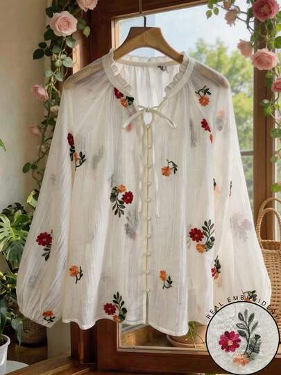 Airaco Áo sơ mi nữ cỡ lớn thêu hoa, kiểu dáng thường ngày, thích hợp cho kỳ nghỉ.