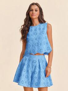 Vivid Eden Women's Elegant Blue Floral Eyelash Lace 2 Pieces Set,Summer Boho Holiday Jacquard Two Piece Sets,Vacation Outfits For Women,Beach Tea Party Brunch - Blue - View 6