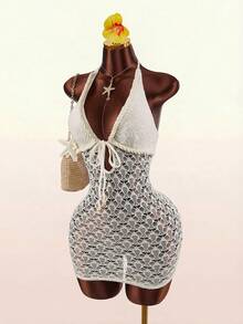 Amplova Women's Hollow Out Backless Halter Mini Dress, Suitable For Beach Vacation - Apricot - View 4